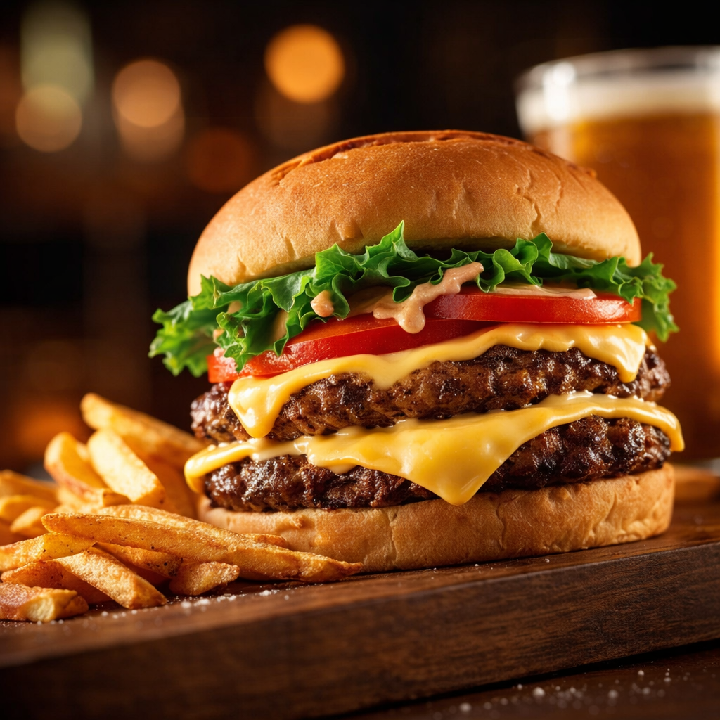 Hamburguesa artesanal con carne, queso, vegetales y pan dorado.